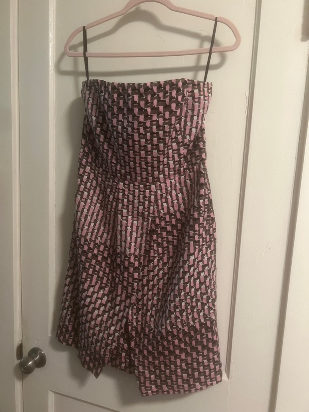 Banana Republic Silk Blend Strapless Dress Pink Khaki Abstract Print Tulip Hem